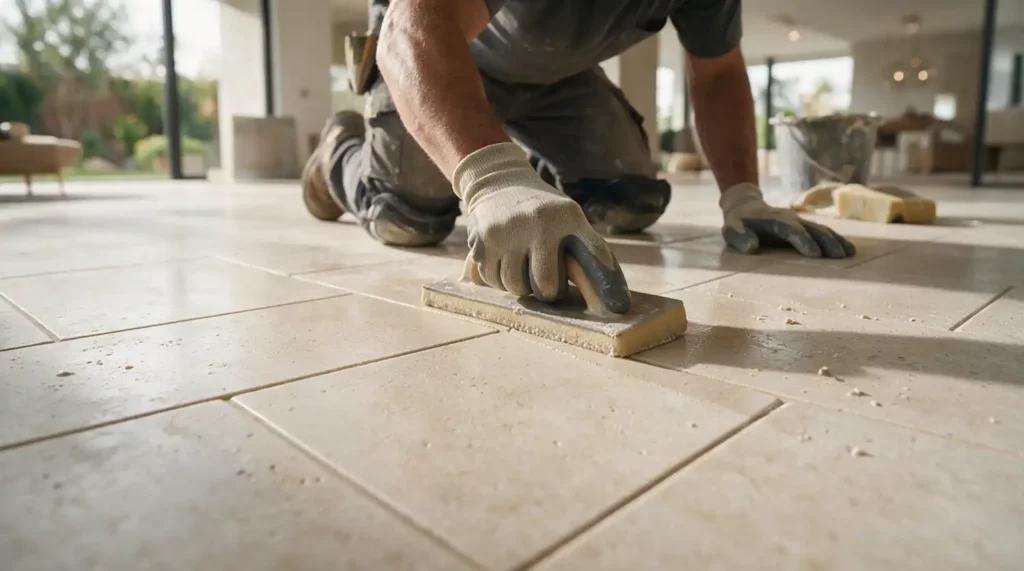 Pose de carrelage grand format dans un séjour