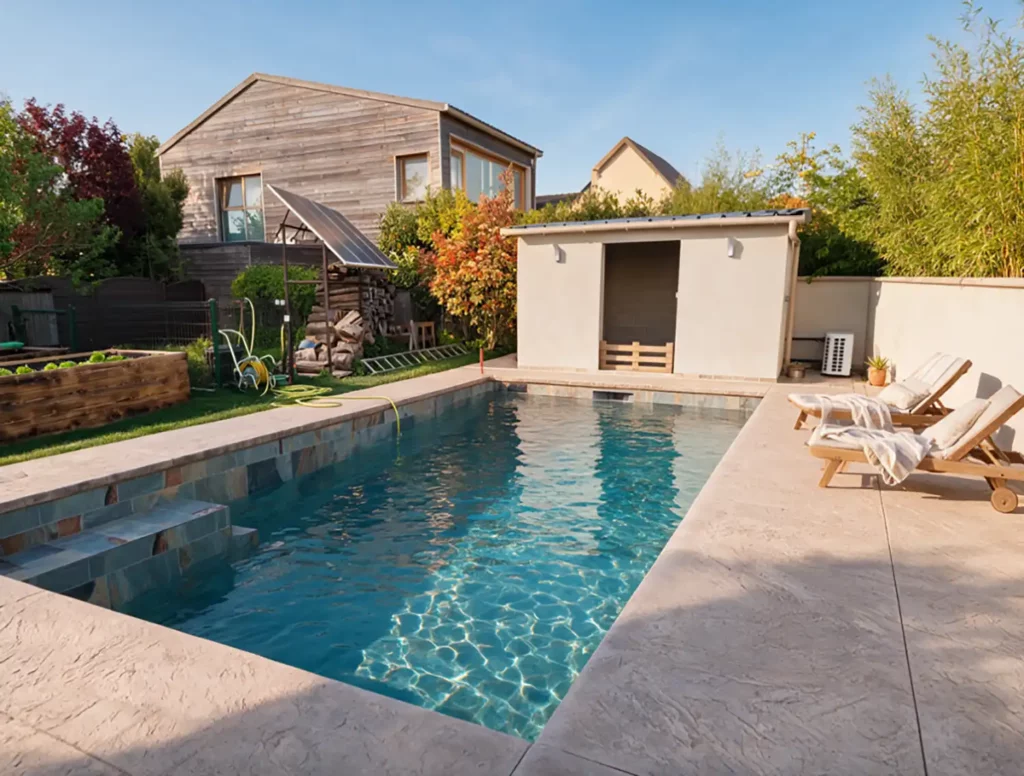 Piscine maçonnée avec plage en béton imprimé