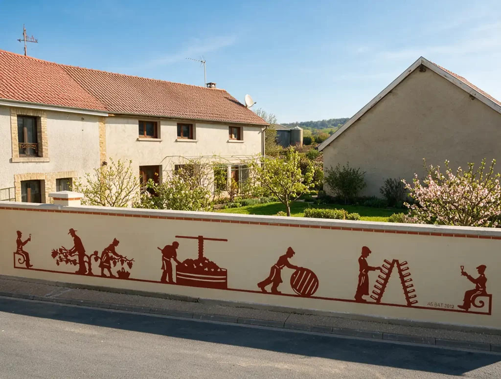 Mur de façade avec enduit décoratif contrasté sur le thème viticole
