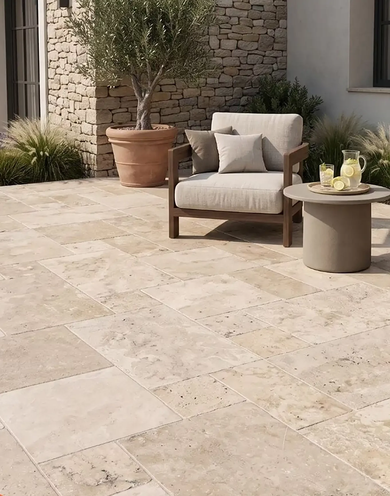 Terrasse en grand opus de travertin vieilli