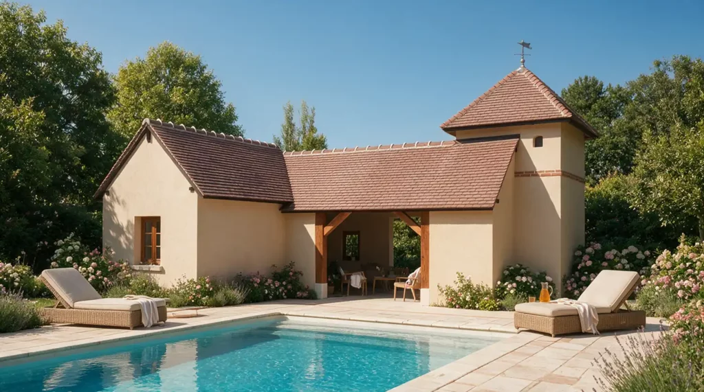 Piscine et pool house en maçonnerie avec toiture en tuiles