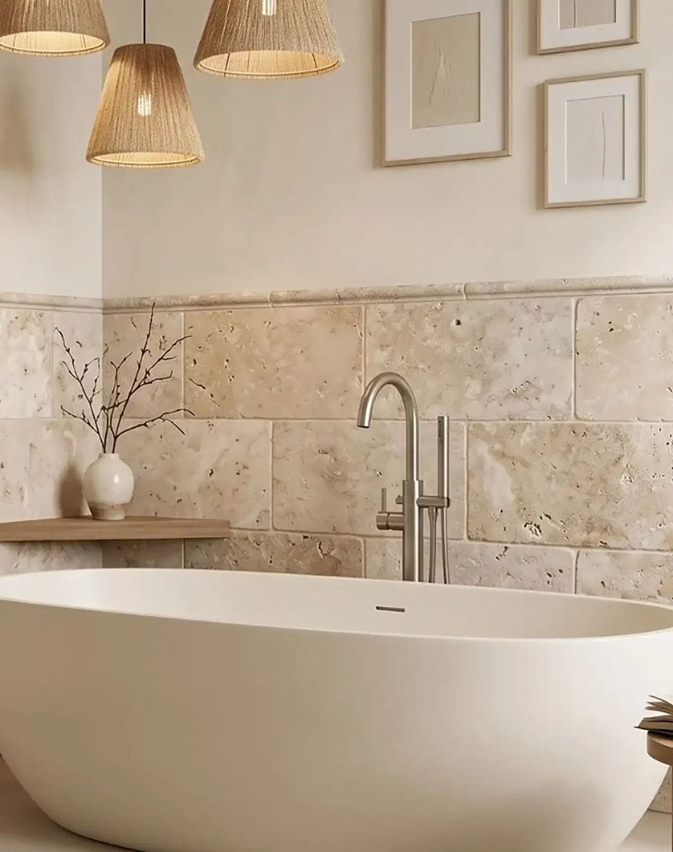 Salle de bain en travertin avec baignoire îlot