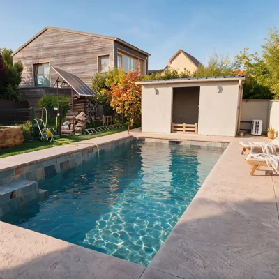 Piscine maçonnée avec plage en béton imprimé
