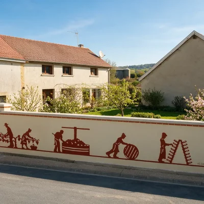 Mur de façade avec enduit décoratif contrasté sur le thème viticole