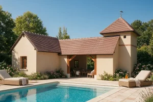 Piscine et pool house en maçonnerie avec toiture en tuiles